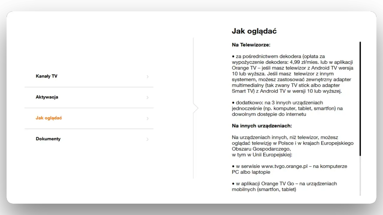 Jak oglądać telewizję Orange na telewizorze i innych urządzeniach. Informacje o dekoderze, adapterze multimedialnym i aplikacji Orange TV Go.