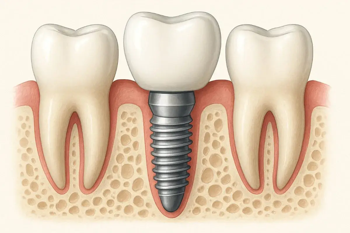 Immagine illustra impianti dentali senza bucare osso: un impianto metallico sostituisce la radice di un dente mancante, circondato da gengive e osso alveolare.