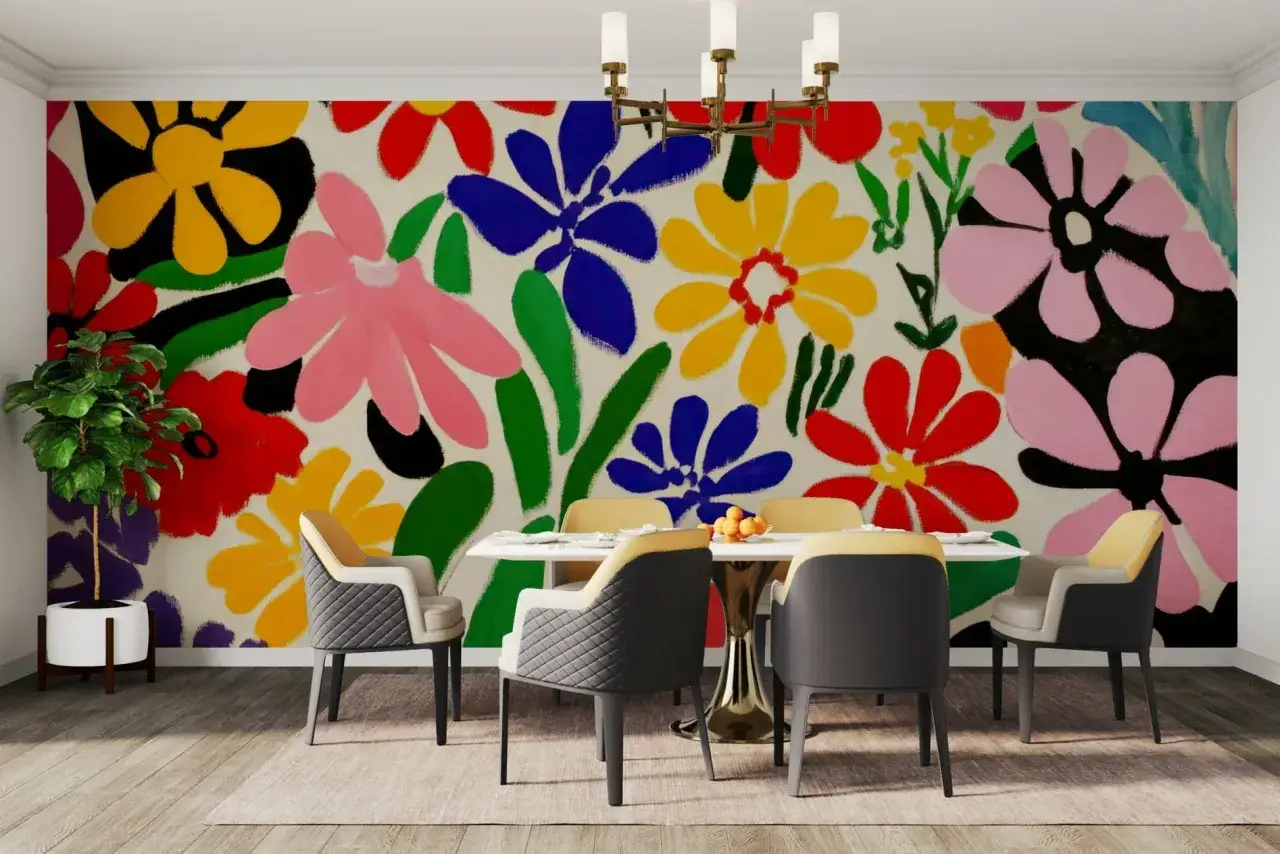 A dining room with a vibrant floral mural in the henri matisse art style. Bold colors and simplified shapes create a lively atmosphere.