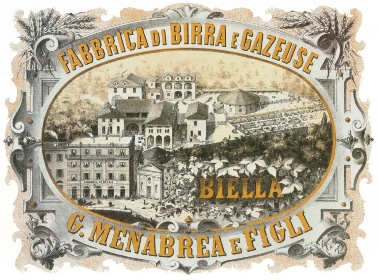 Antica fabbrica di birra industriale a Biella, con edifici storici e campi coltivati. G. Menabrea e Figli.
