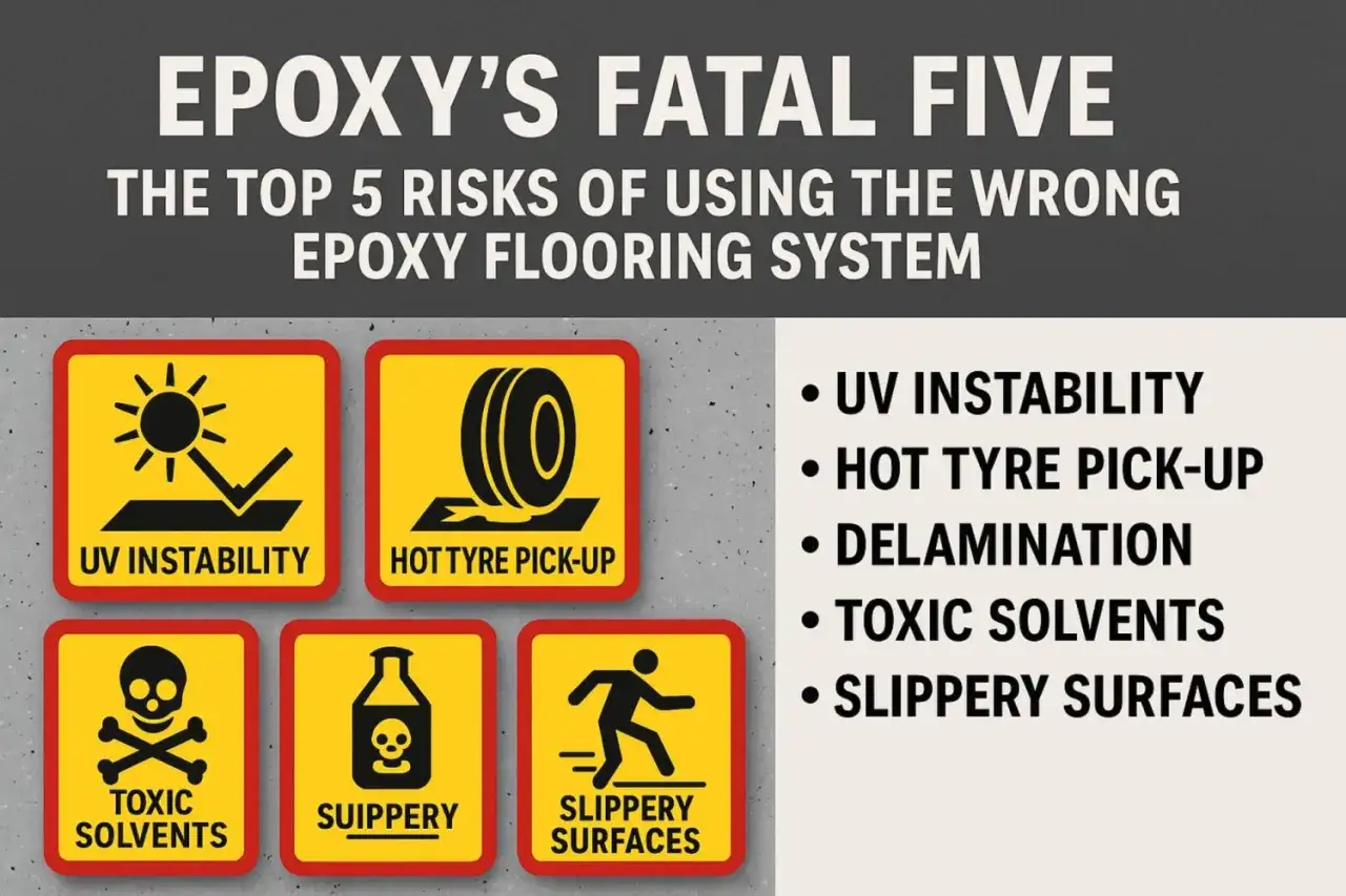 Die Top 5 Risiken bei Epoxidböden: UV-Instabilität, Heißreifenabrieb, Delamination, giftige Lösungsmittel und rutschige Oberflächen sind die Nachteile von Epoxidharz.