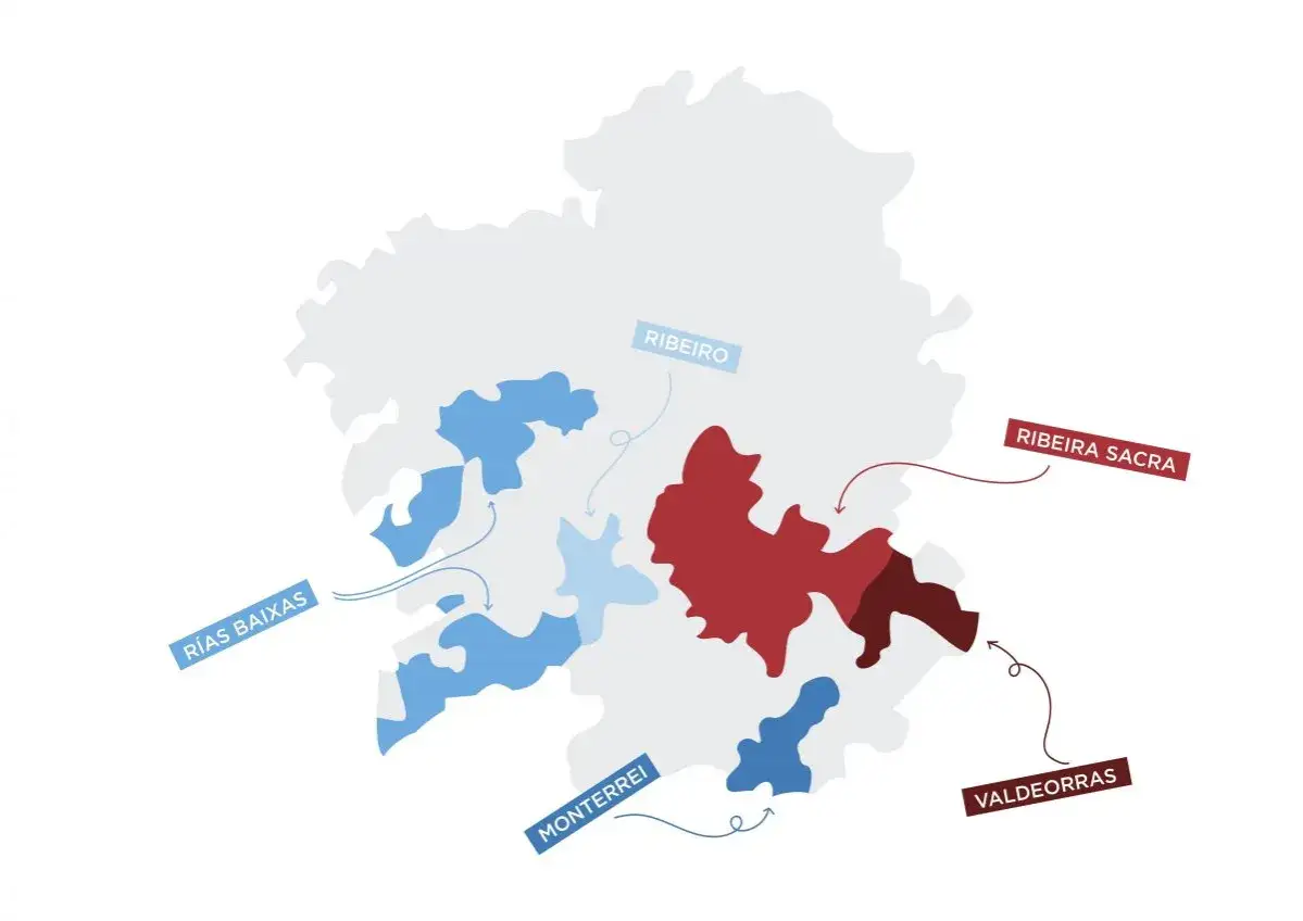 Mapa de Galicia destacando las zonas de producción de distintos tipos de vinos gallegos: Rías Baixas, Ribeiro, Ribeira Sacra y Valdeorras.