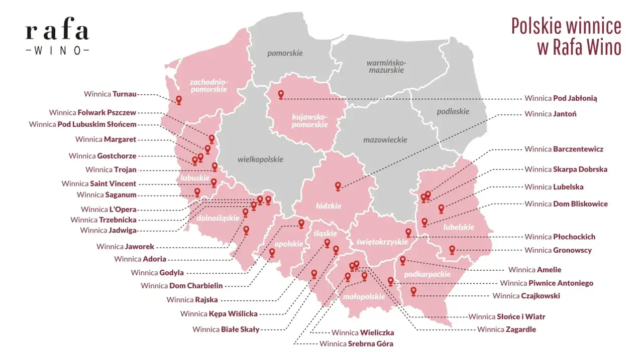 Mapa Polski z zaznaczonymi winnicami, gdzie rosną winogrona. Wskazuje lokalizacje winnic Rafa Wino w różnych województwach.