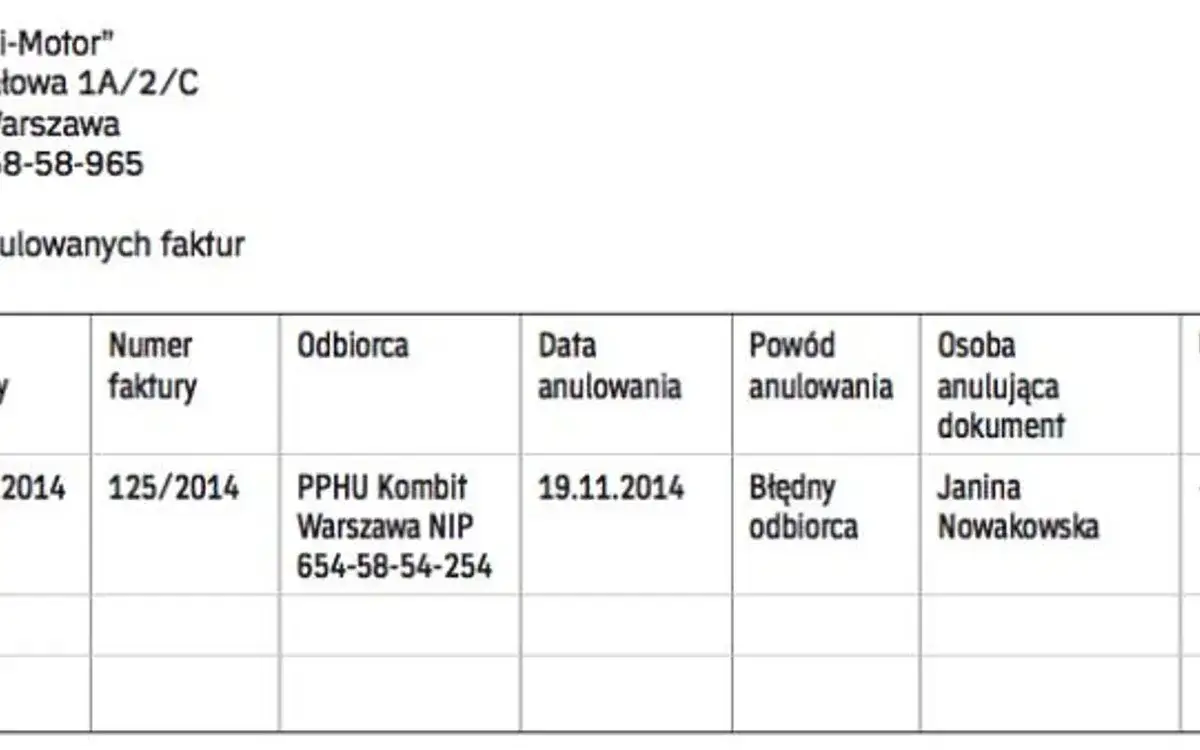 Anulowanie faktury pieczątka przekreślona
