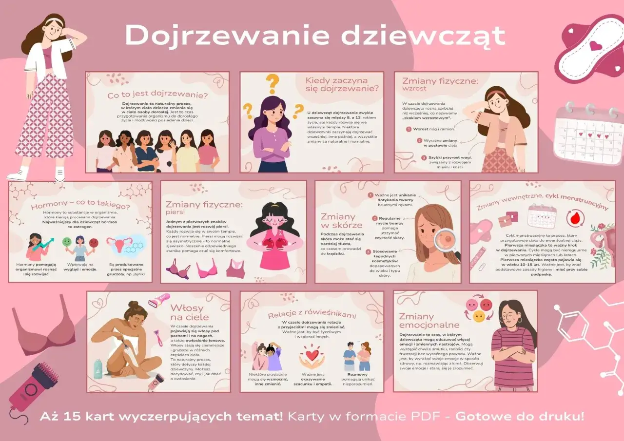 Dojrzewanie dziewcząt zaczyna się zwykle między 8. a 13. rokiem życia, choć tempo rozwoju jest indywidualne.