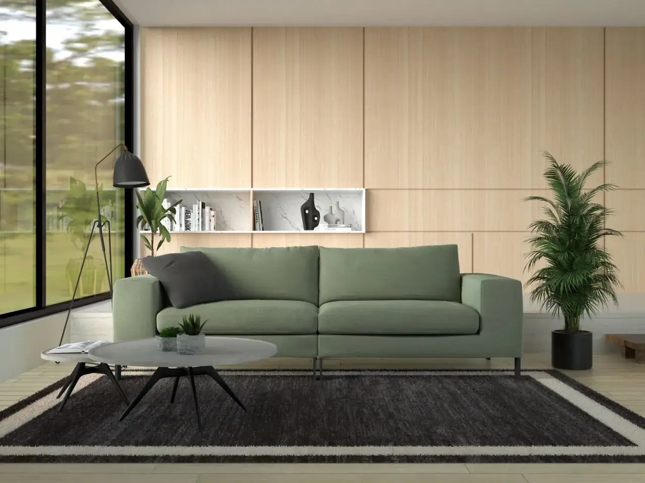 Quel tapis avec canapé gris, des coussins et une plante verte dans un salon moderne.