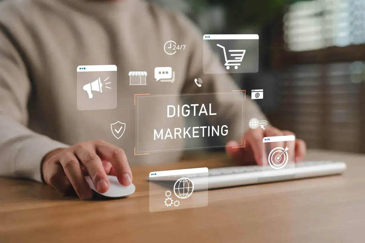 Stratégie de marketing digital : une édition addictive qui capture l'essence du succès en ligne avec des icônes de panier, de cible et de mégaphone.
