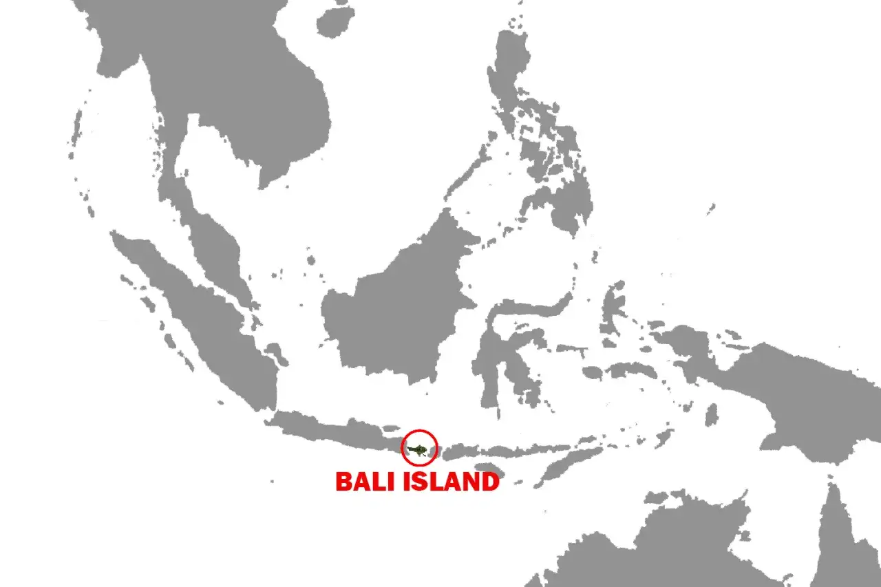 Mapa Indonezji z zaznaczoną wyspą Bali. Bali kontynent, choć to wyspa, jest sercem wielu podróży.