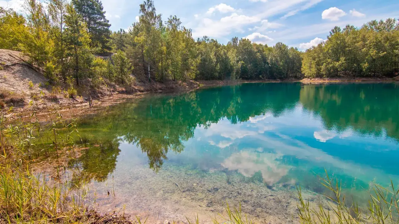 Turkusowe jezioro w Geoparku Łuk Mużakowa, otoczone lasem, z odbijającymi się chmurami.