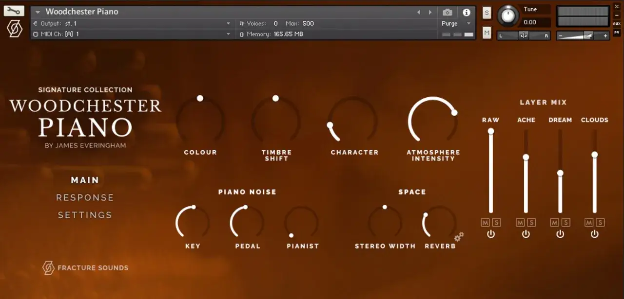 Native Instruments Woodchester Piano mit Reglern für Klangfarbe, Charakter und Atmosphäre.