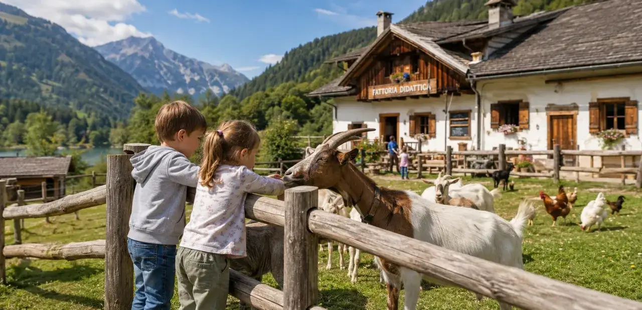 Bambini interagiscono con capre in una fattoria didattica, con montagne sullo sfondo.