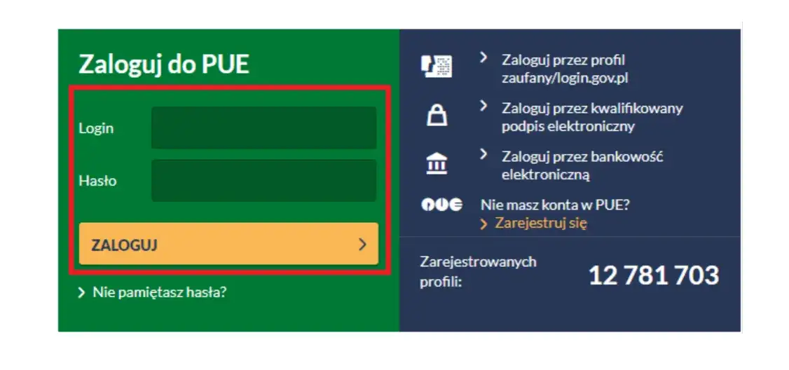 PUE ZUS logowanie ekran