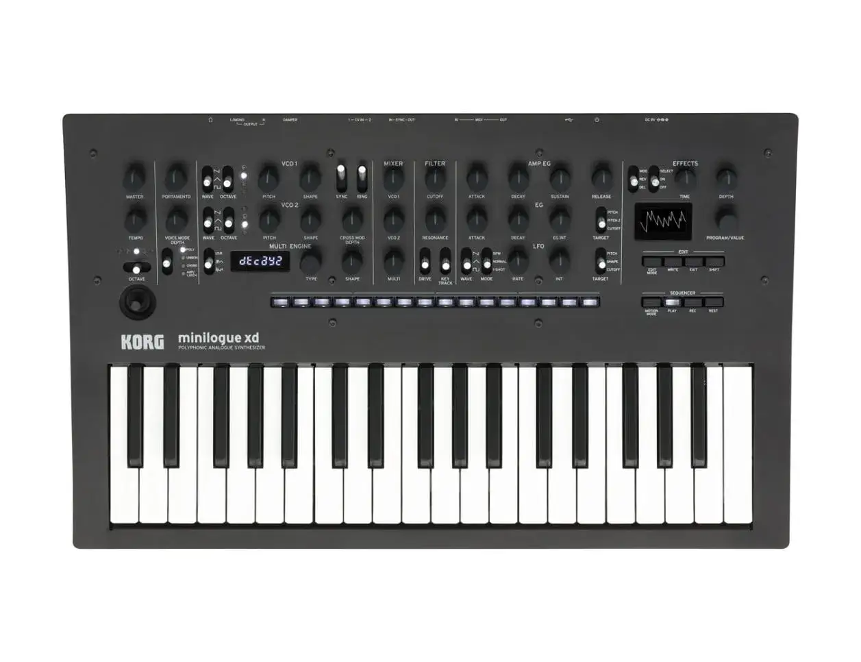 Clavier Korg minilogue xd noir, avec ses nombreux boutons et potentiom&egrave;tres pour sculpter le son.