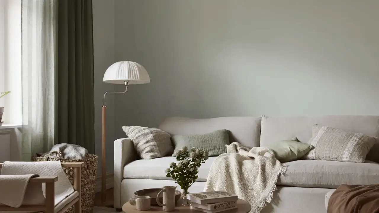 Lugn och harmonisk inredning inspiration med en bekväm soffa, kuddar i jordnära toner och en mysig pläd.