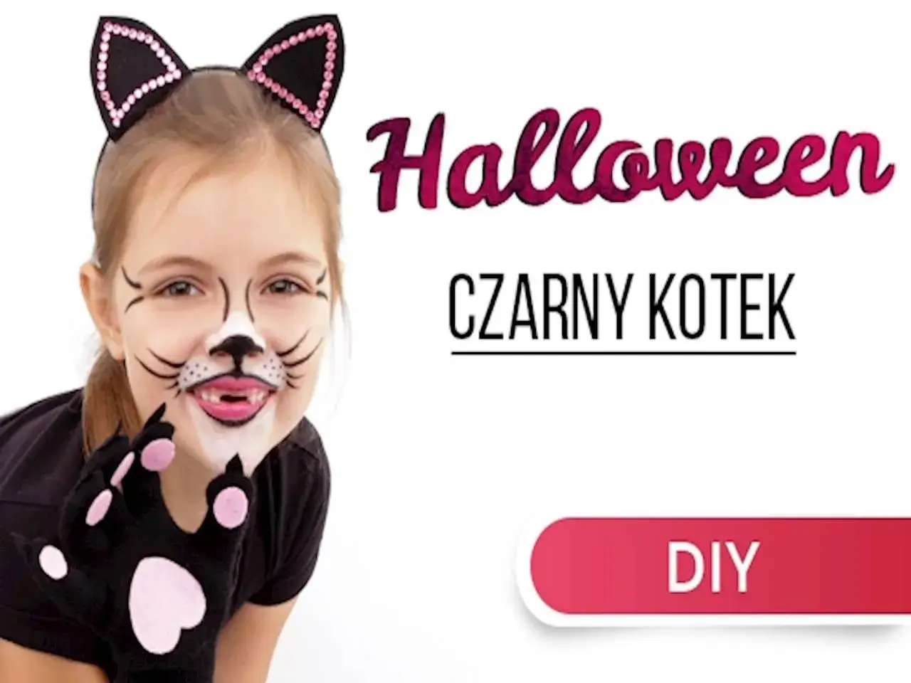 Dziewczynka z makijażem czarnego kotka i uszami na opasce. Dowiedz się, jak zrobic uszy kota na Halloween!