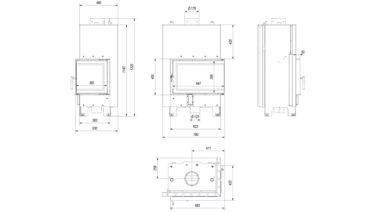 Rysunek techniczny wkładu kominkowego z wymiarami: wysokość 1220 mm, szerokość 480 mm, głębokość 426 mm.