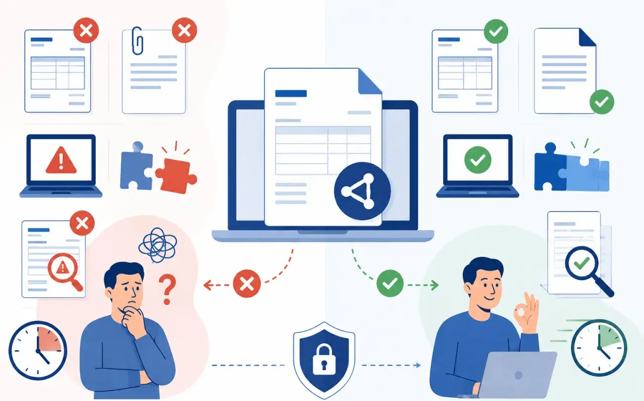 Illustrazione che mostra il processo di rimborso spese in fattura, con documenti, computer e persone che indicano successo o difficoltà.