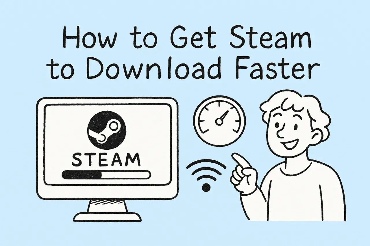 Chcesz wiedzieć, jak przyśpieszyć pobieranie na Steam? Ilustracja pokazuje komputer z logo Steam i paskiem postępu, wskaźnik prędkości i uśmiechniętą postać.