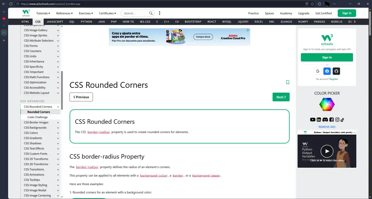 Naucz się tworzyć zaokrąglenie rogów CSS za pomocą właściwości `border-radius`. Strona W3Schools wyjaśnia, jak to zrobić.