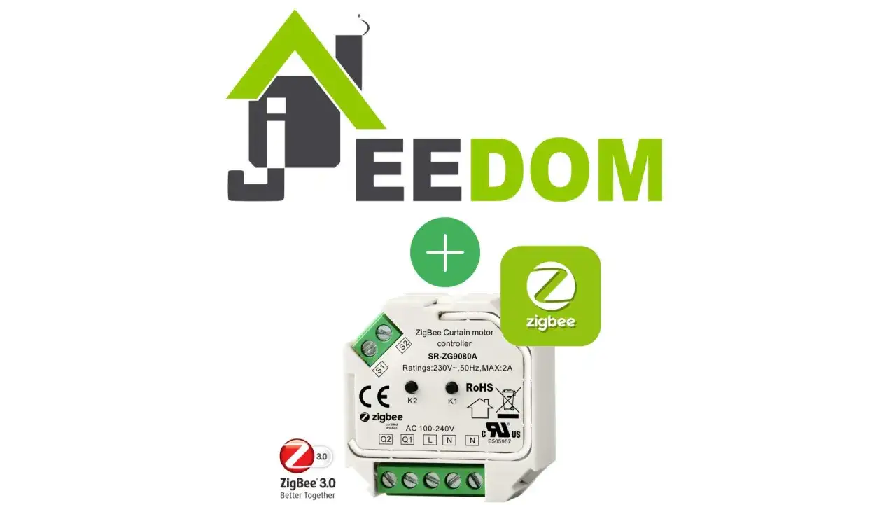 Le contr&ocirc;leur de moteur de rideau Zigbee pour Jeedom, avec son logo Zigbee 3.0.