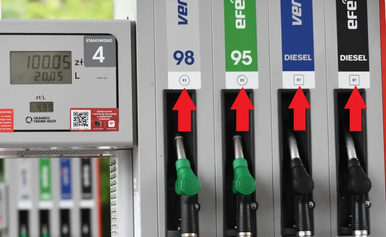 Stacja paliw, dystrybutory z paliwami: 98, 95, Diesel. Czerwone strzałki wskazują, jak zatankować auto, wybierając odpowiedni rodzaj paliwa.