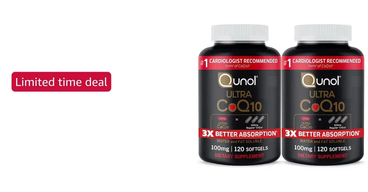 Dwie butelki suplementu Qunol Ultra CoQ10. Zastanawiasz się, czy koenzym q10 rano czy wieczorem? Ten produkt ma 3x lepszą przyswajalność.