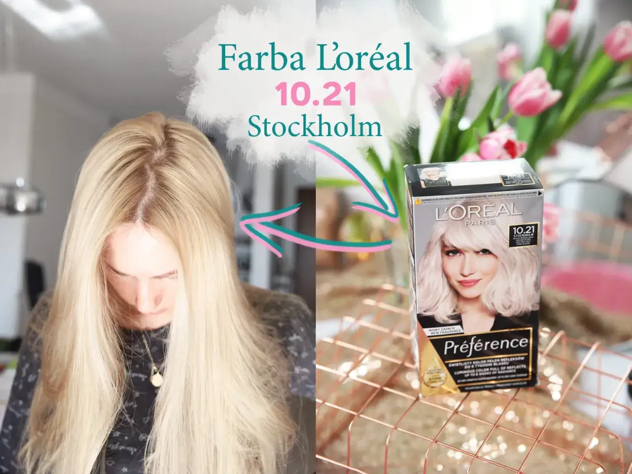 Przed i po: farba L'Oréal 10.21 Stockholm na blond włosach.