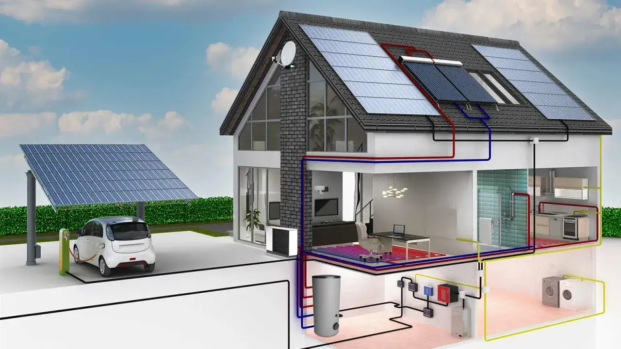 Nowoczesny dom z panelami słonecznymi i ładowarką do samochodu elektrycznego, wykorzystujący odnawialne źródła energii.