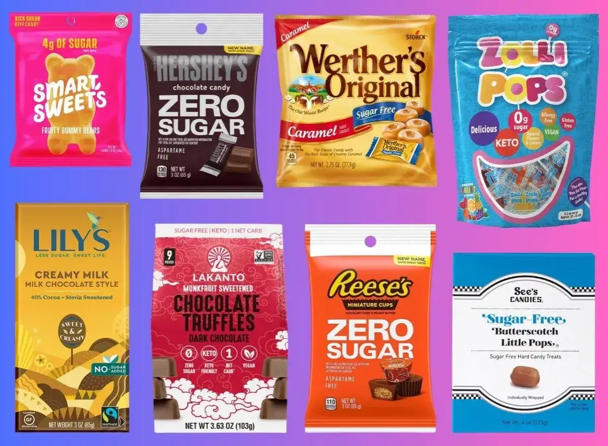 Czy żelki są zdrowe? Kolekcja słodyczy zero cukru, w tym żelki Smart Sweets, czekolady Hershey's i Reese's, cukierki Werther's, Zolli Pops, Lily's i Lakanto.