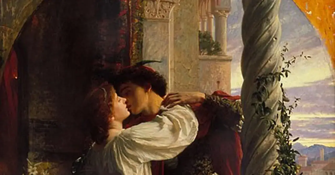 Romeo and Juliet share a passionate kiss on the balcony, bathed in the warm glow of sunset.