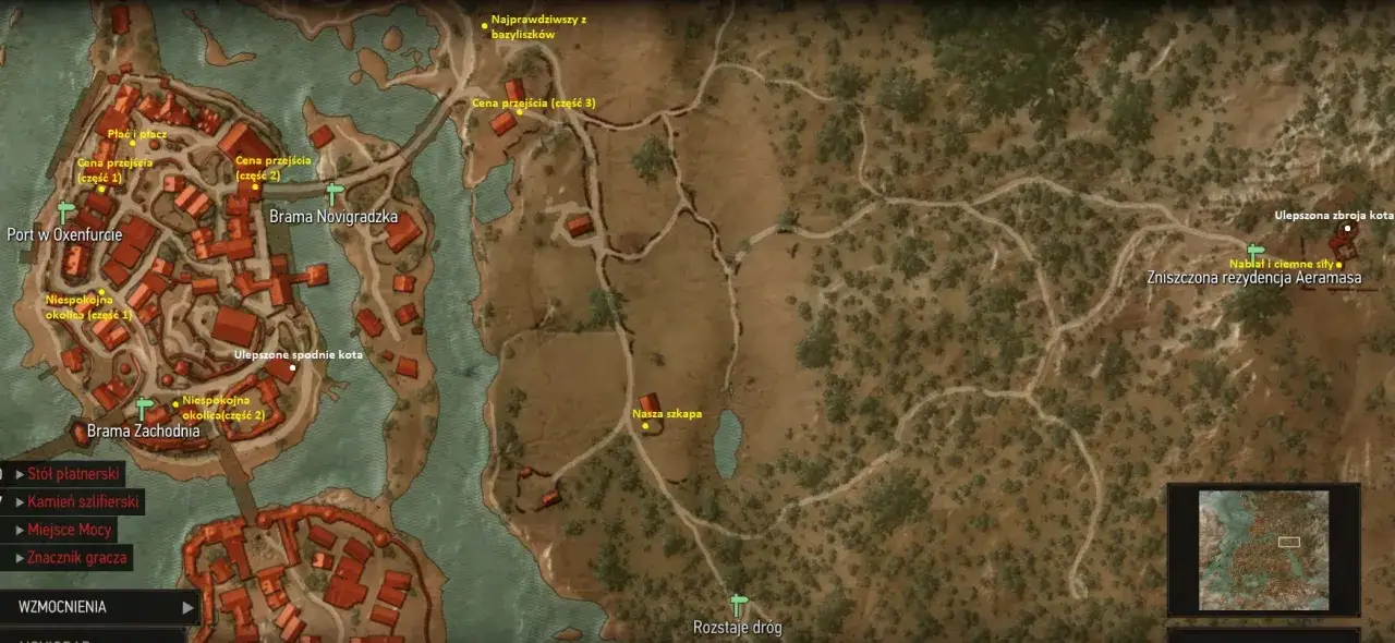 Mapa Oxenfurtu i okolic z oznaczonymi lokalizacjami ulepszonych schematów rynsztunku Szkoły Kota Wiedźmin 3