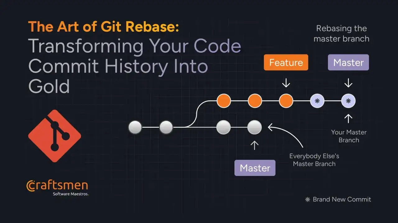 Git Rebase: Verwandelt Commit-Historie. Zeigt Feature- und Master-Branches, wie man mit git abort rebase zurückkehrt.