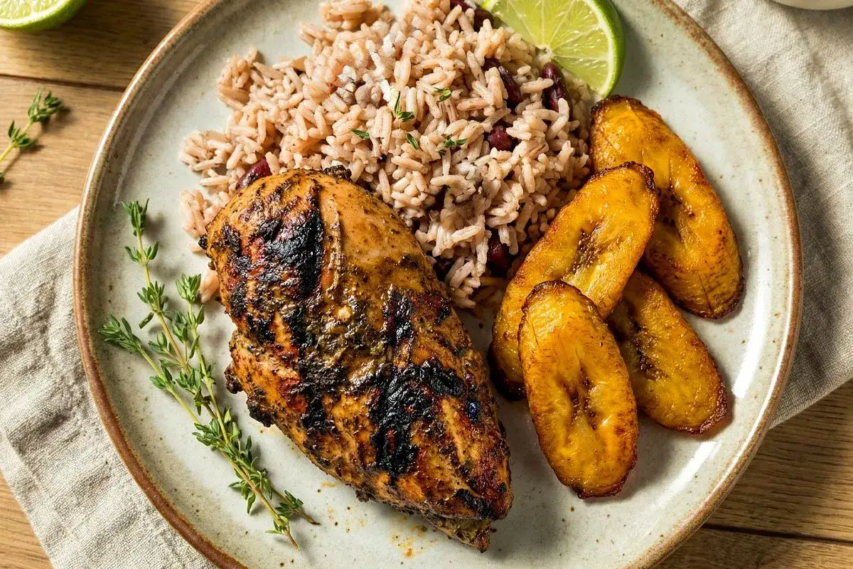 En tallrik med saftig jerk chicken, ris med b&ouml;nor, friterad plantain och en limeklyfta.