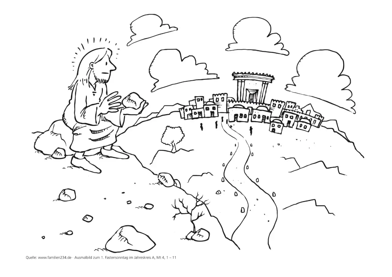 Jesus sitzt auf einem Felsen und hält Steine. Vor ihm liegt eine Stadt mit einem Tempel. Dies ist eine Darstellung von lk 4.