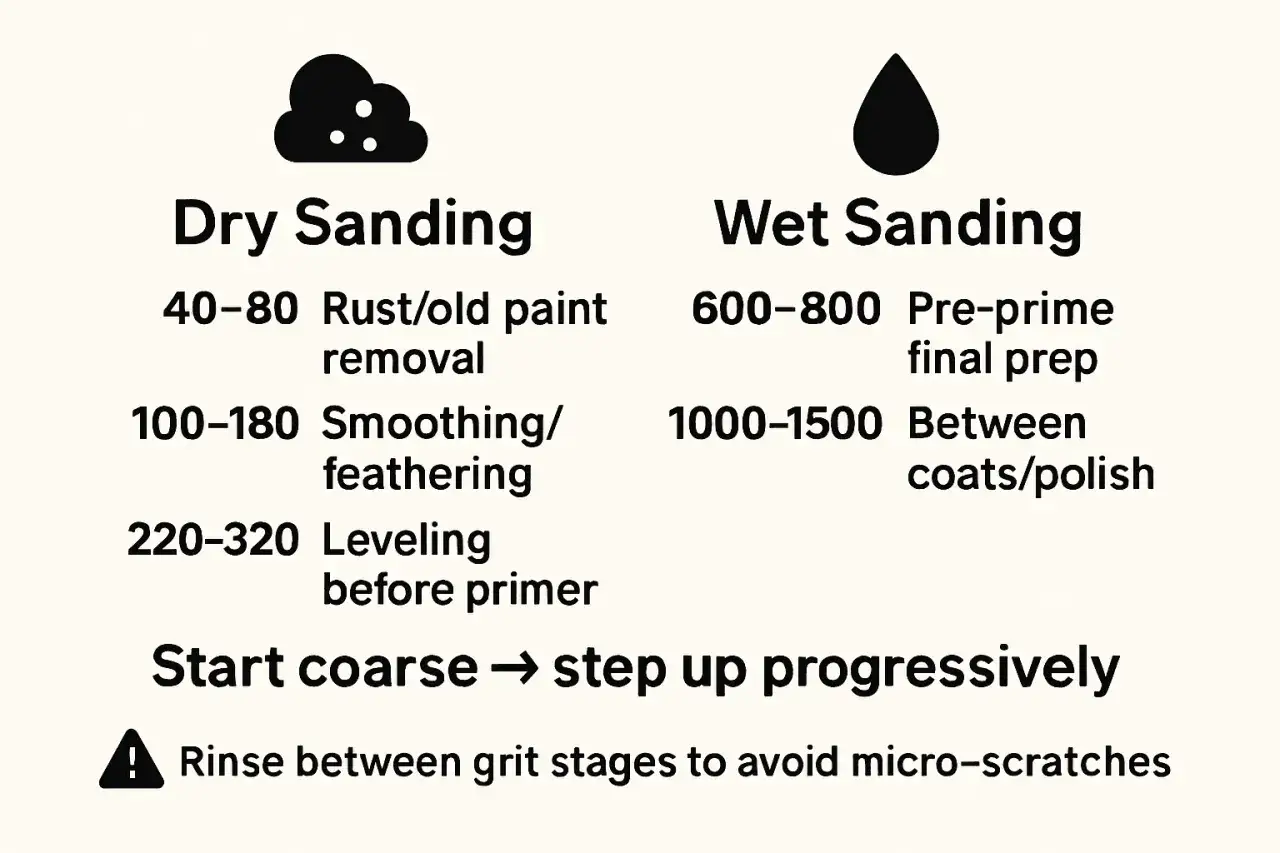 Guide to dry and wet sanding car paint, showing grit ranges for rust removal, smoothing, and polishing. Start coarse, step up progressively.