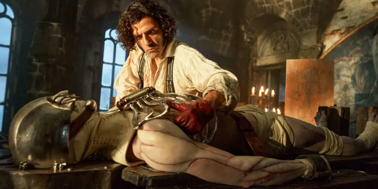 Doktor Frankenstein pracuje nad swoim dziełem, podłączając mechaniczne części do ciała.