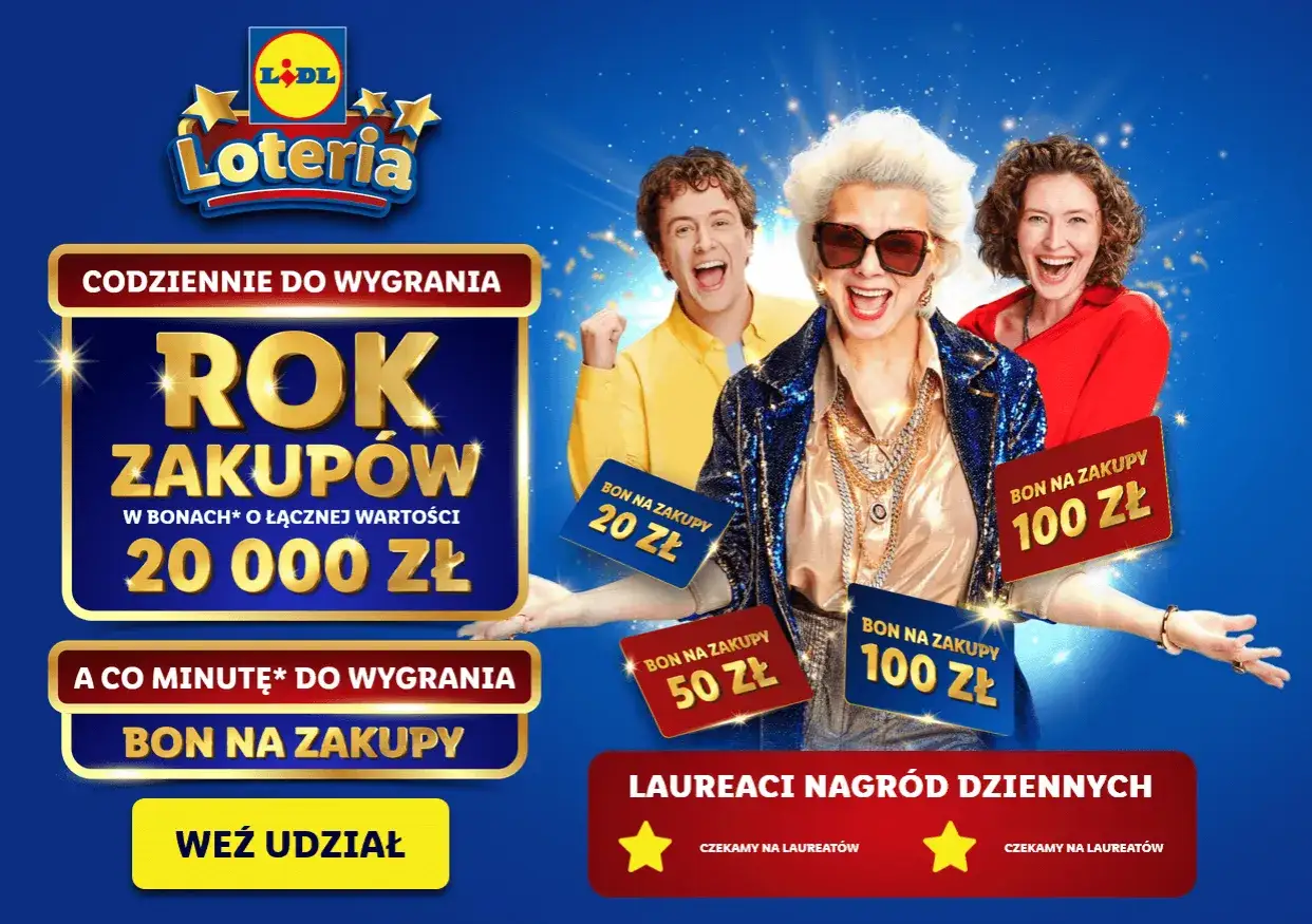 Lidl Loteria: wygraj rok zakupów za 20 000 zł! Codziennie bony, co minutę nagrody. Dołącz do loterie konkursy 50!