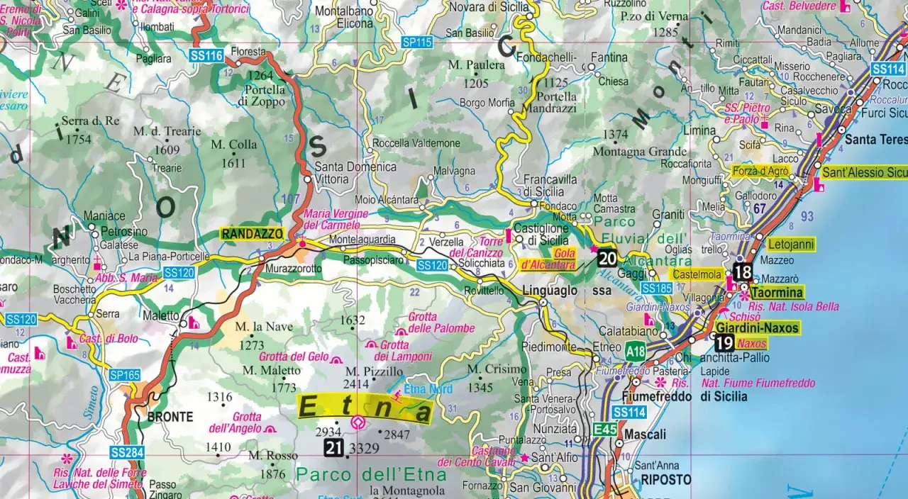 Mapa Sycylii: zobacz Etna, Taorminę, Giardini-Naxos i parki narodowe. Idealna do planowania podróży po wyspie.