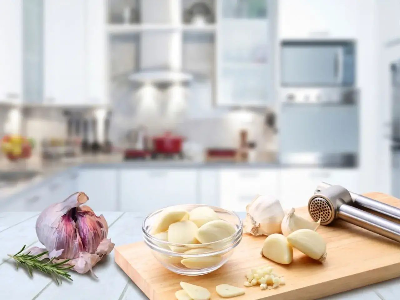 Knoblauch gesund: frische Knoblauchzehen, eine ganze Knolle und ein Knoblauchpresse liegen auf einem Holzbrett in einer modernen K&uuml;che.