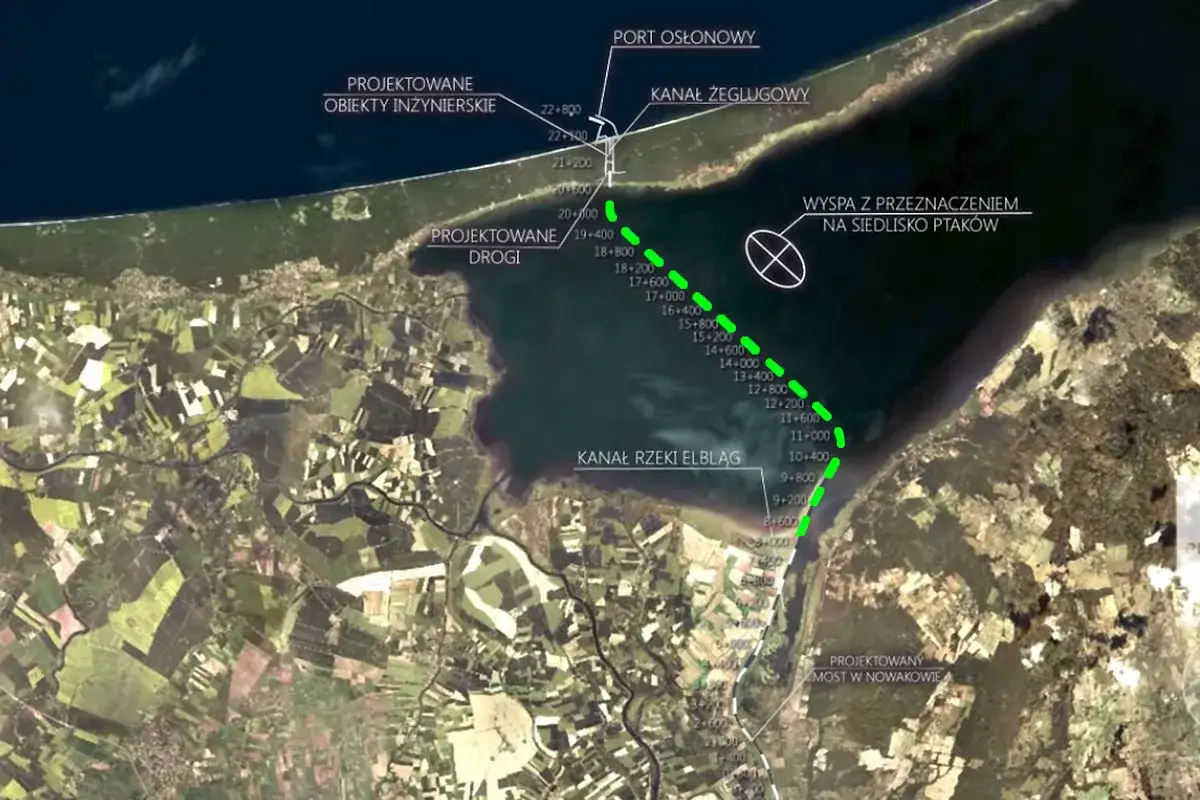 Mapa przedstawia projektowany kanał żeglugowy na Zalewie Wiślanym, z zaznaczoną głębokością i planowanymi obiektami inżynierskimi.