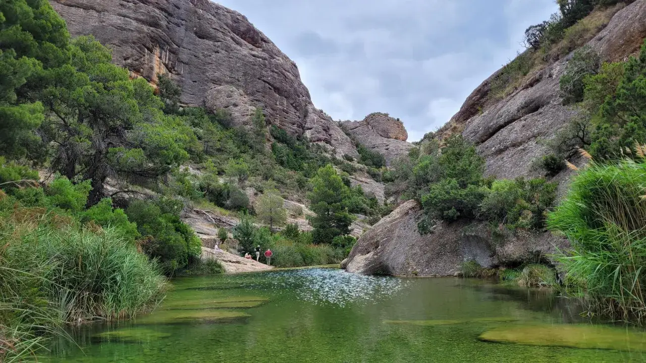 Un remanso de agua verde y cristalina en los **estrets d'Arnes**, rodeado de imponentes rocas y vegetaci&oacute;n exuberante.