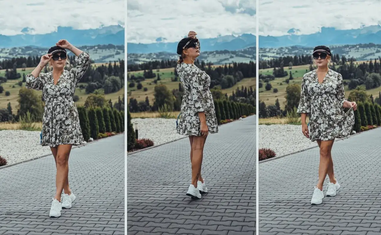 Kobieta w zwiewnej sukience i białych sneakersach, idealne połączenie na górskie wędrówki. Jakie buty do zwiewnej sukienki? Sneakersy!