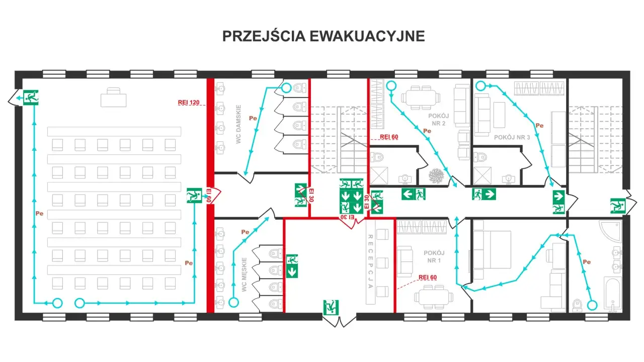 Plan ewakuacyjny pokazuje różne rodzaje ewakuacji, trasy wyjść ewakuacyjnych i oznaczenia bezpieczeństwa.