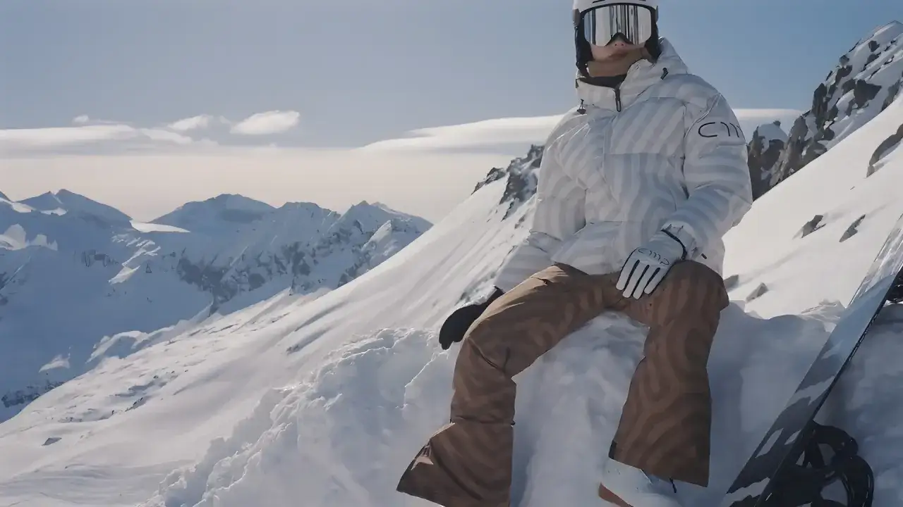 Mężczyzna w brązowych spodniach skiturowych i białej kurtce siedzi na śniegu w górach, obok deska snowboardowa.