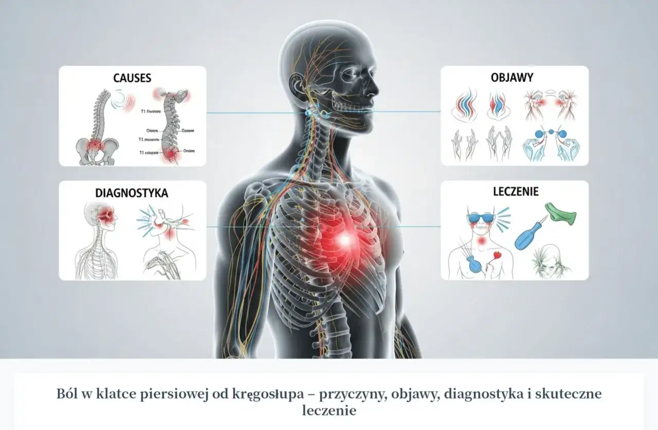 Anatomia człowieka z zaznaczonym bólem w klatce piersiowej. Obraz przedstawia przyczyny, objawy, diagnostykę i leczenie.