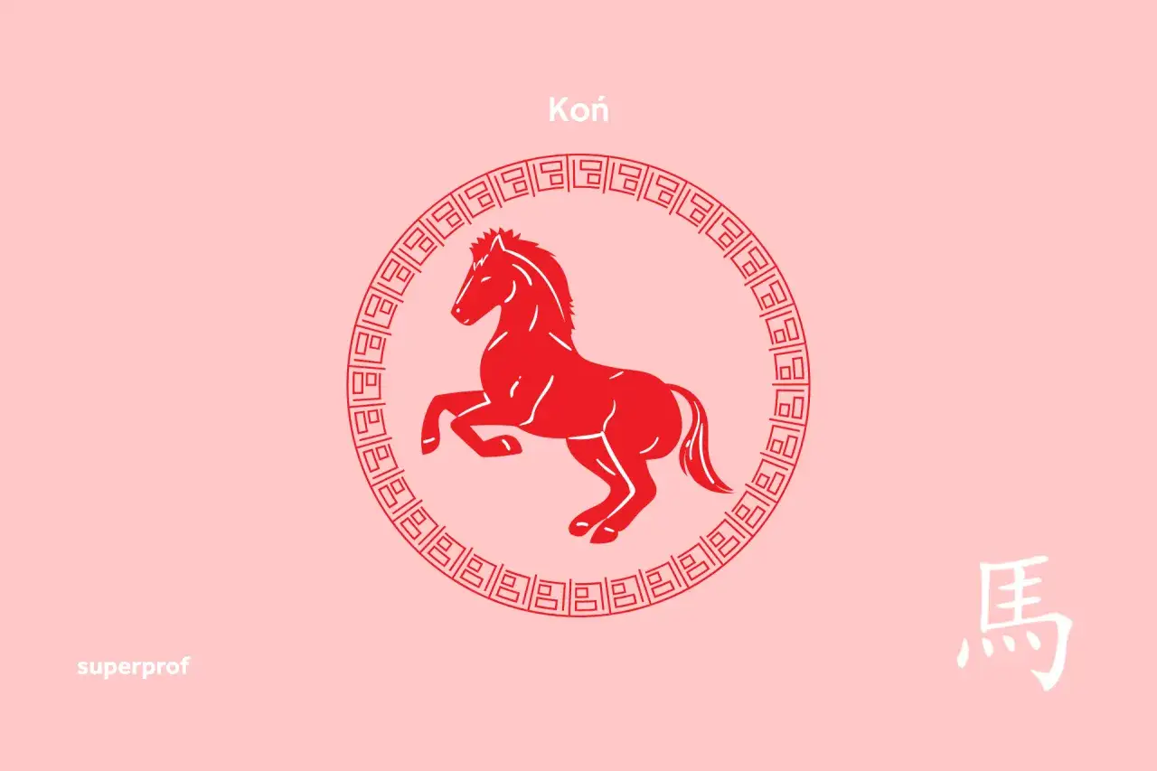 Czerwony koń w okręgu z chińskimi wzorami, symbol chińskiego znaku zodiaku 1990.