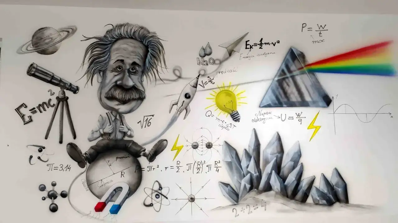 Ściana z motywami naukowymi: Einstein, wzory fizyczne, planety, kryształy. Idealne tapety szkolne dla młodych odkrywców.