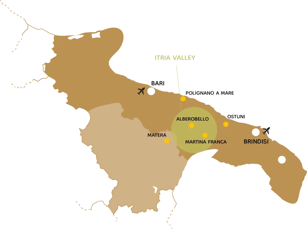 Map of Puglia highlighting the Itria Valley, Alberobello, Martina Franca, Ostuni, Bari, Matera, and Brindisi. Ideal locations to stay in Puglia as a base.