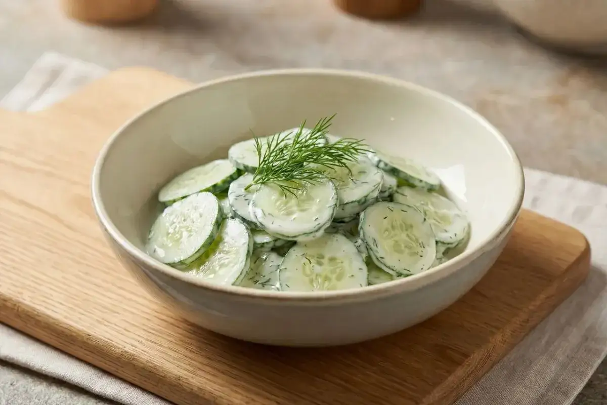 Frischer gurkensalat mit joghurt und dill in einer sch&uuml;ssel, garniert mit dill.