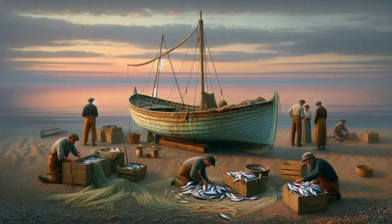 Al tramonto, i personaggi malavoglia scaricano il pescato su una spiaggia, con una barca a vela e reti da pesca.